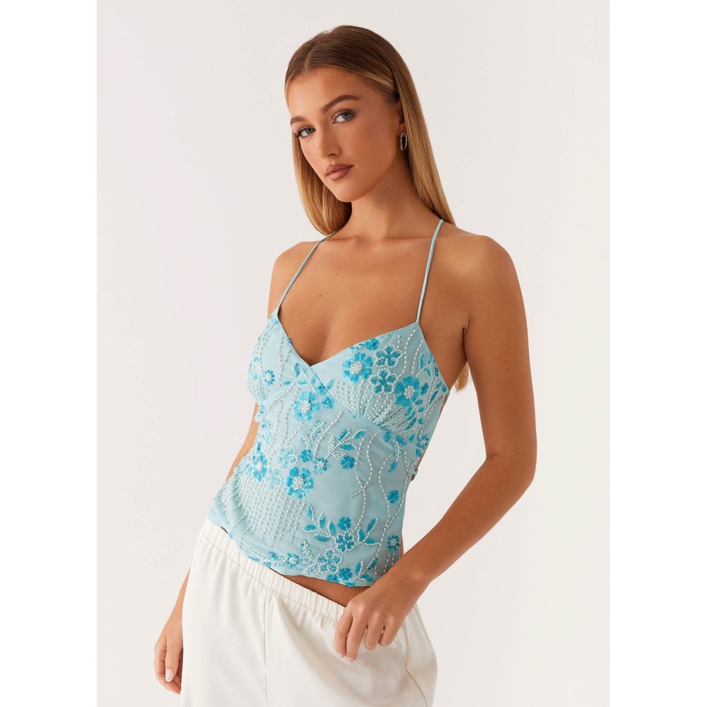 Kamilla Camisole Top Small Blue Beaded Sequin Open Back Floral Tie Cami Y2K